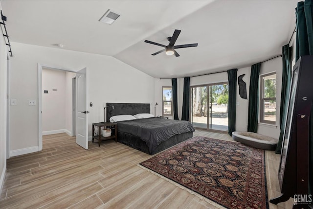 7544 Clifford Ct, Bakersfield, CA 93313 - bedroom with vaulted ceiling, light wood finished floors, access to outside, ceiling fan, and baseboards