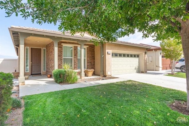 6107 Saint John Pl, Bakersfield, CA 93306 - ranch-style house with a garage, concrete driveway, a front lawn, brick siding, and covered porch