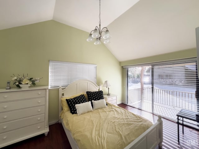 bedroom featuring access to exterior, an inviting chandelier, dark hardwood / wood-style flooring, and vaulted ceiling