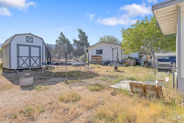 7958 Harmony Ln, Onyx, CA 93255 - view of yard with a trampoline, an outbuilding, and a storage shed