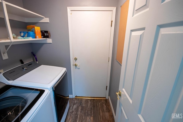 5514 Lombardy Ct, Bakersfield, CA 93308 - washroom featuring washing machine and dryer, dark wood-style flooring, and baseboards