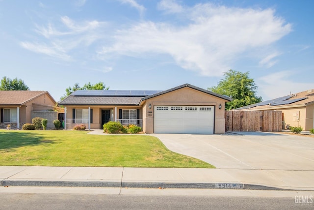 5514 Lombardy Ct, Bakersfield, CA 93308 - single story home with driveway, a garage, solar panels, a porch, and stucco siding