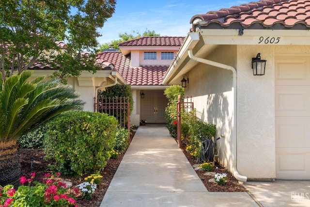 doorway to property with stucco siding and a tile roof