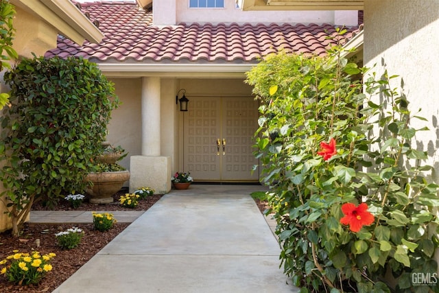 doorway to property with a tile roof and stucco siding
