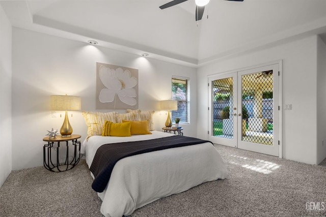 bedroom with carpet floors, a ceiling fan, access to outside, and french doors