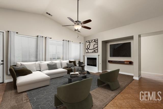 tiled living room with high vaulted ceiling and ceiling fan