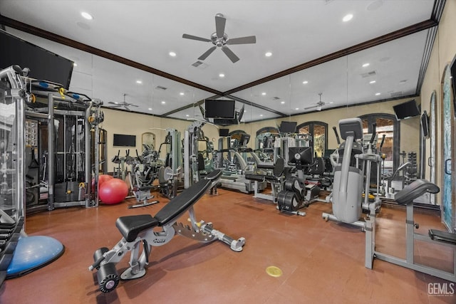 workout area with crown molding and ceiling fan