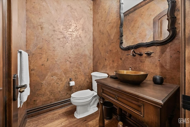 bathroom featuring vanity, hardwood / wood-style floors, and toilet