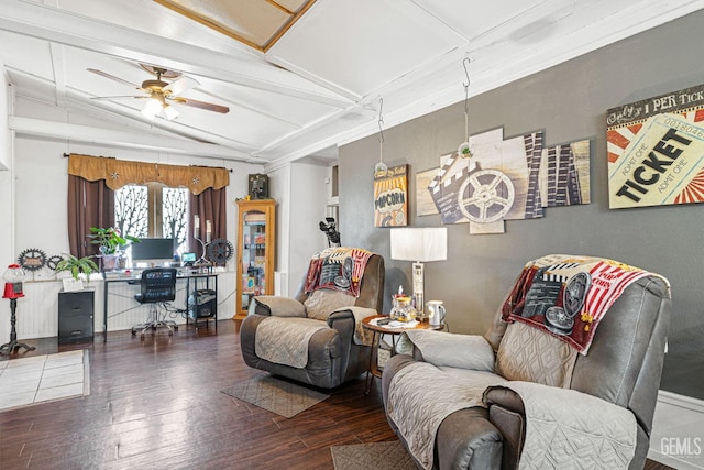 living room with ceiling fan, wood-type flooring, and lofted ceiling