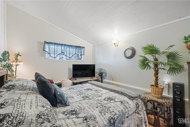 bedroom featuring hardwood / wood-style floors, wood ceiling, and lofted ceiling