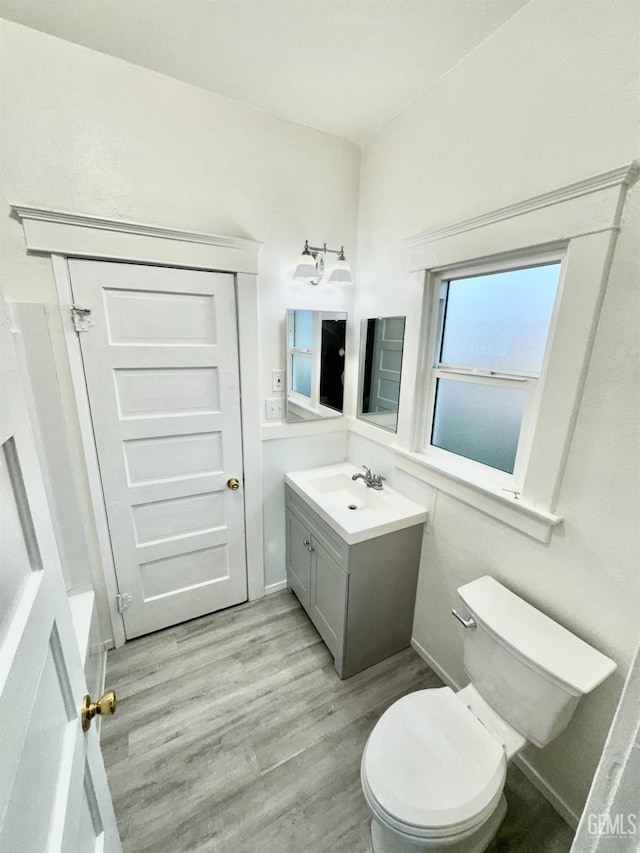 bathroom featuring hardwood / wood-style floors, vanity, and toilet