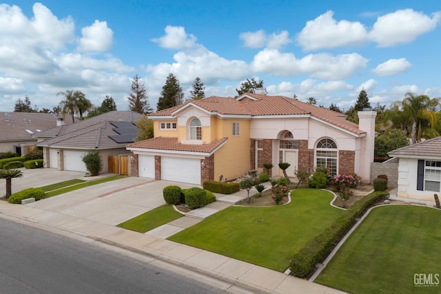 view of front of home with a front yard, stone siding, a tiled roof, concrete driveway, and stucco siding