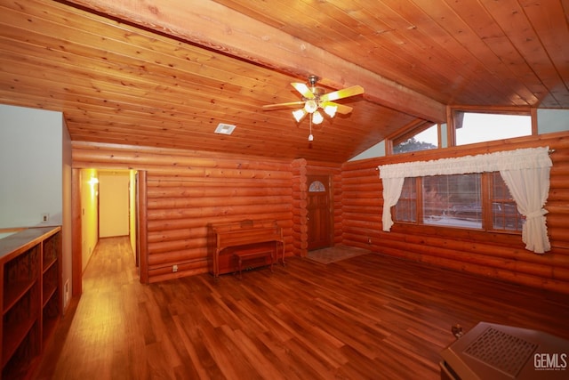 unfurnished living room featuring rustic walls, wooden ceiling, lofted ceiling with beams, and hardwood / wood-style flooring