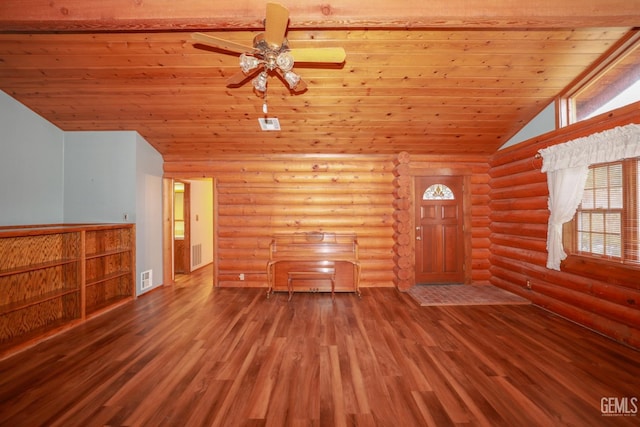 unfurnished living room featuring wooden ceiling, wood-type flooring, log walls, and vaulted ceiling