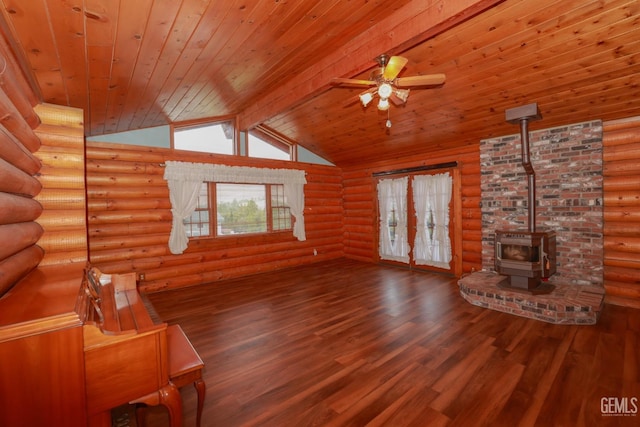 unfurnished living room featuring hardwood / wood-style floors, log walls, and wood ceiling