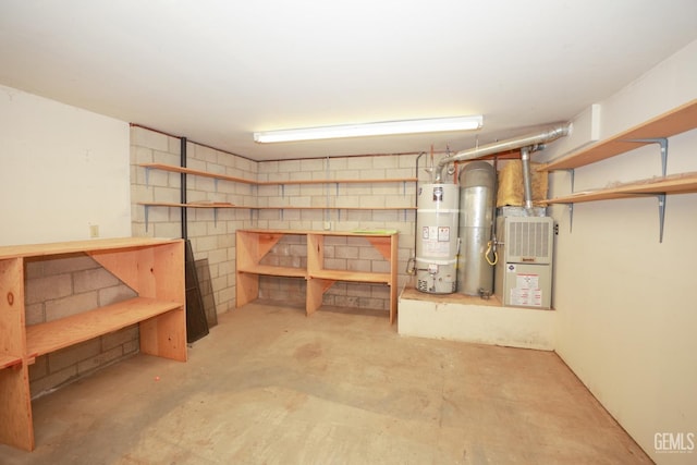 basement with gas water heater and heating unit