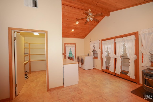 corridor with lofted ceiling with beams, wooden ceiling, and washer and dryer