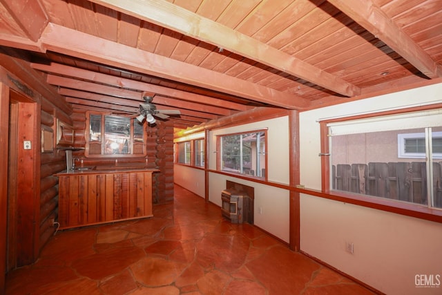 interior space with ceiling fan, sink, log walls, wooden ceiling, and beamed ceiling