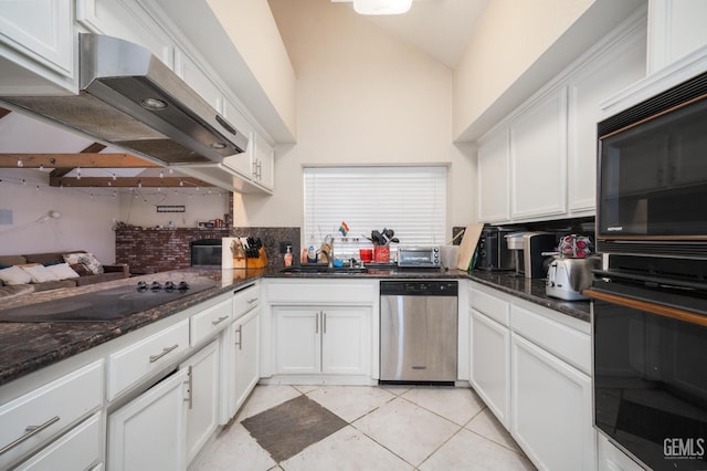 kitchen featuring sink, white cabinets, black appliances, and ventilation hood