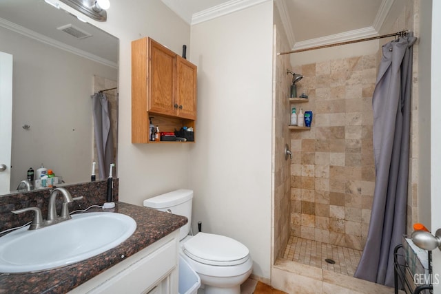 bathroom featuring vanity, curtained shower, toilet, and crown molding