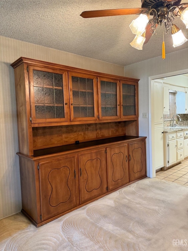 kitchen with ceiling fan, sink, and a textured ceiling