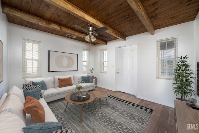 living room with hardwood / wood-style flooring, ceiling fan, beam ceiling, and wooden ceiling