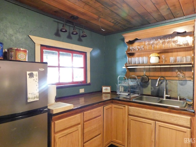 9525 Shirley Meadows Rd Unit 6, Wofford Heights, CA 93285 - kitchen featuring freestanding refrigerator, open shelves, dark countertops, and wood ceiling