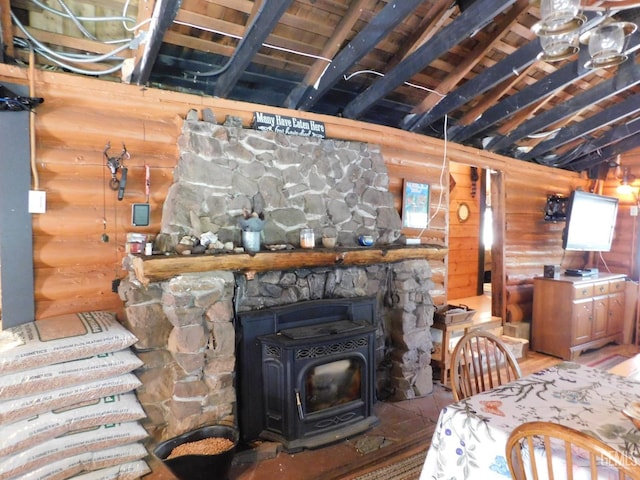 9525 Shirley Meadows Rd Unit 6, Wofford Heights, CA 93285 - bedroom featuring log walls, a wood stove, wooden ceiling, and wood finished floors