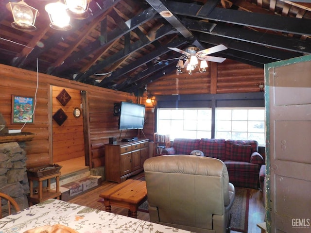9525 Shirley Meadows Rd Unit 6, Wofford Heights, CA 93285 - living area with wood finished floors, plenty of natural light, a ceiling fan, and wood walls