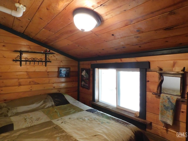 9525 Shirley Meadows Rd Unit 6, Wofford Heights, CA 93285 - bedroom featuring wooden ceiling, lofted ceiling, and wooden walls