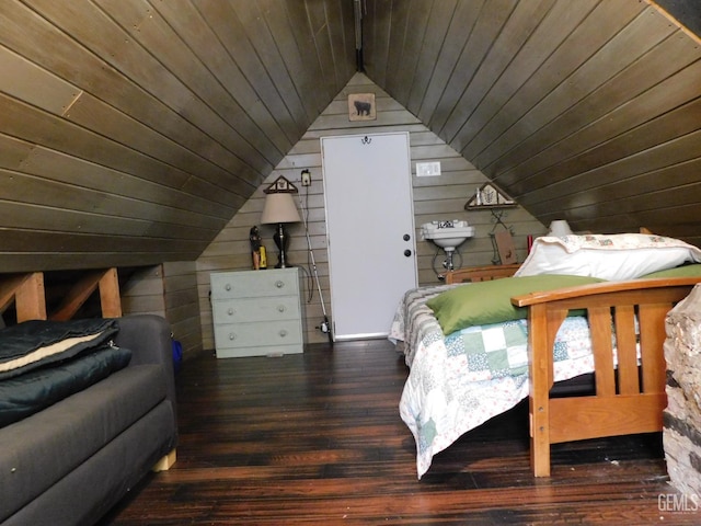 9525 Shirley Meadows Rd Unit 6, Wofford Heights, CA 93285 - bedroom featuring wooden ceiling, hardwood / wood-style floors, lofted ceiling, and wooden walls