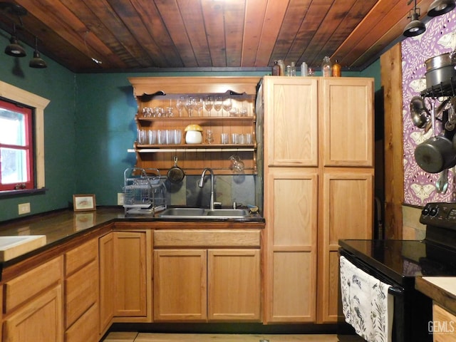 9525 Shirley Meadows Rd Unit 6, Wofford Heights, CA 93285 - kitchen featuring black electric range, wooden ceiling, open shelves, and dark countertops