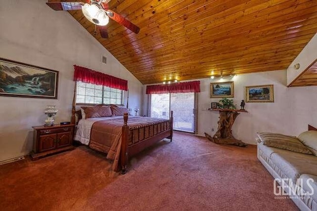 bedroom featuring visible vents, wooden ceiling, high vaulted ceiling, and carpet floors