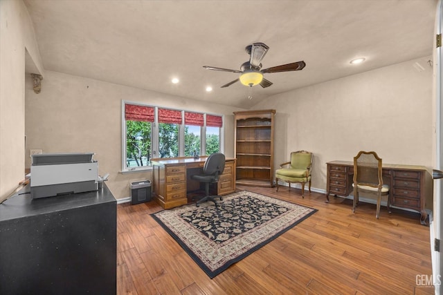 7858 Stine Rd, Bakersfield, CA 93313 - home office with ceiling fan, wood-type flooring, baseboards, and recessed lighting