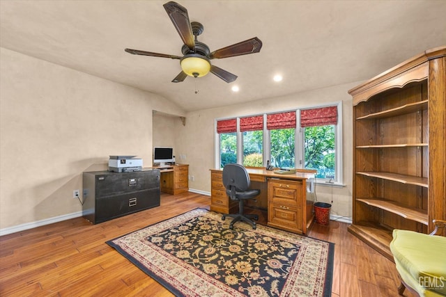 7858 Stine Rd, Bakersfield, CA 93313 - home office featuring baseboards, a ceiling fan, light wood-style floors, recessed lighting, and lofted ceiling