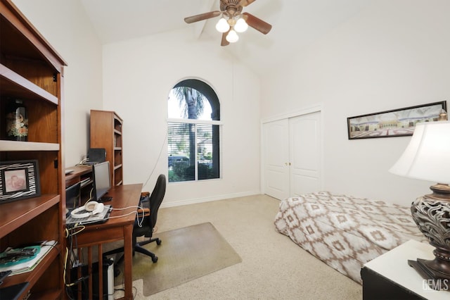12504 Crown Crest Dr, Bakersfield, CA 93311 - carpeted home office with a ceiling fan and high vaulted ceiling