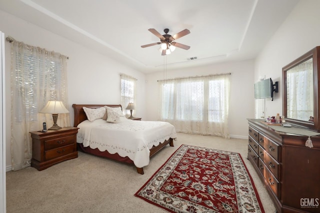 12504 Crown Crest Dr, Bakersfield, CA 93311 - bedroom with carpet, a tray ceiling, and ceiling fan