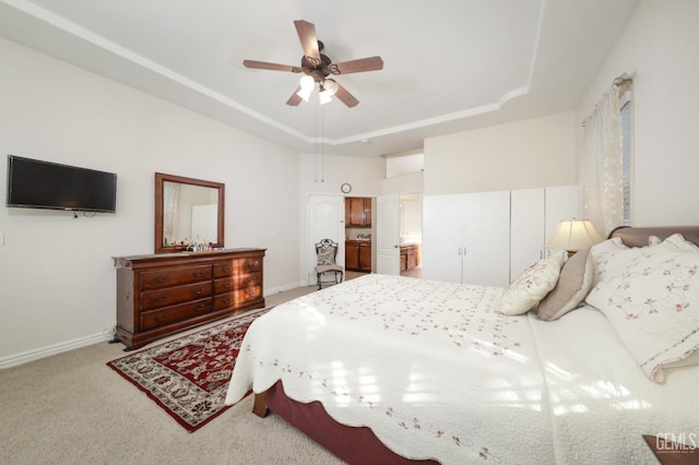 12504 Crown Crest Dr, Bakersfield, CA 93311 - bedroom with carpet flooring, a tray ceiling, and ceiling fan