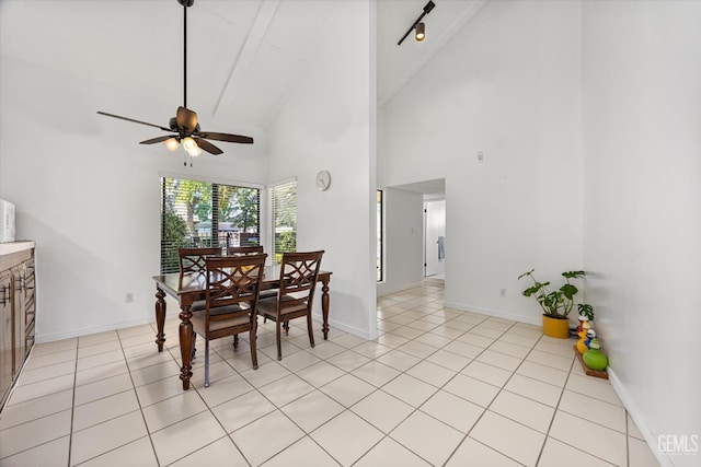 5600 Kirkside Dr Unit F, Bakersfield, CA 93311 - dining room featuring high vaulted ceiling, ceiling fan, baseboards, light tile patterned flooring, and beamed ceiling