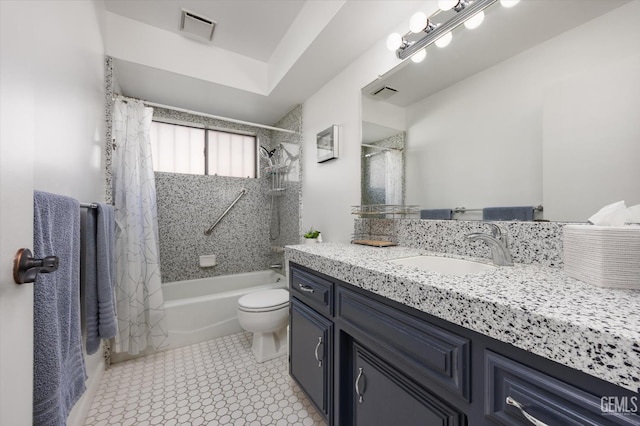 5600 Kirkside Dr Unit F, Bakersfield, CA 93311 - bathroom featuring shower / bath combo with shower curtain, vanity, toilet, and tile patterned floors