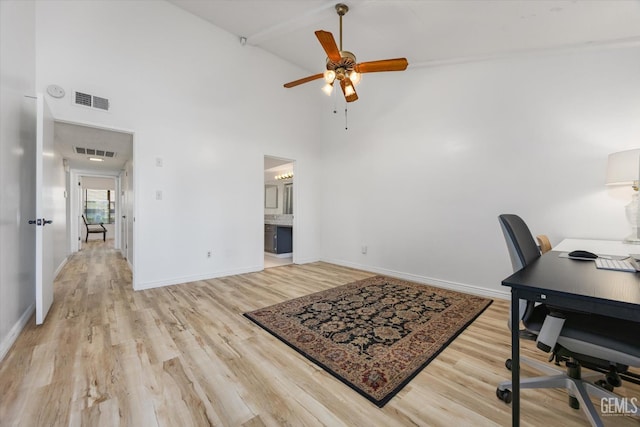 5600 Kirkside Dr Unit F, Bakersfield, CA 93311 - home office with ceiling fan, high vaulted ceiling, light wood-style floors, and baseboards
