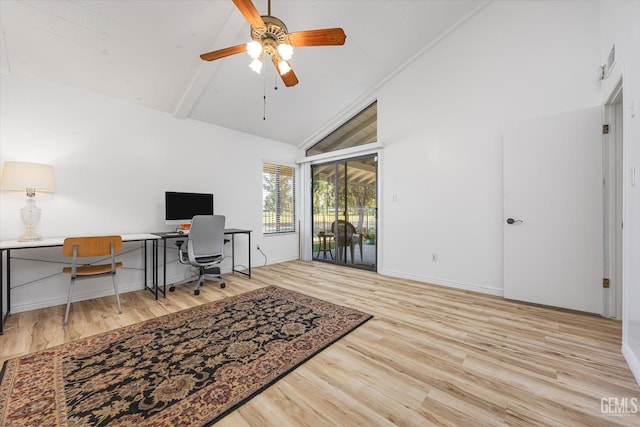 5600 Kirkside Dr Unit F, Bakersfield, CA 93311 - office area featuring ceiling fan, wood finished floors, high vaulted ceiling, beamed ceiling, and baseboards