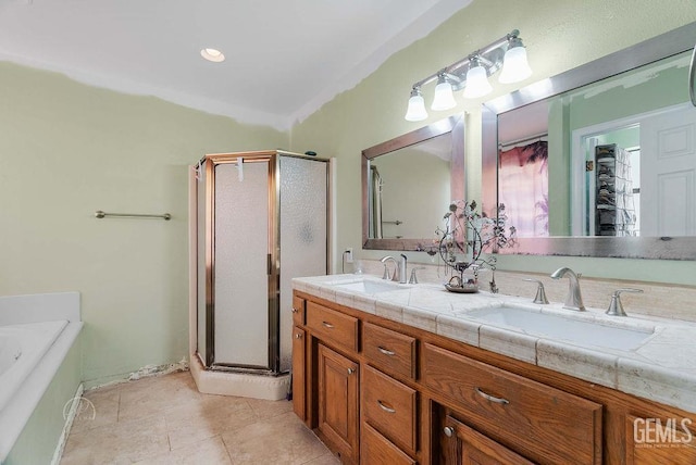 22381 William Tell Trl, Tehachapi, CA 93561 - full bathroom with a shower stall, double vanity, a garden tub, and tile patterned floors