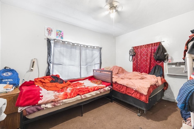 bedroom with cooling unit, ceiling fan, and carpet