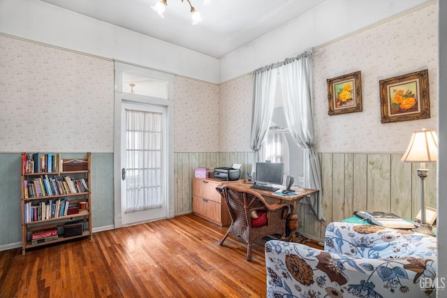 2104 B St, Bakersfield, CA 93301 - office area with wallpapered walls, wainscoting, hardwood / wood-style flooring, and plenty of natural light