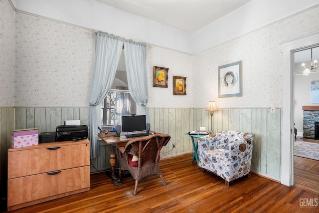 2104 B St, Bakersfield, CA 93301 - office with wallpapered walls, a wainscoted wall, wood finished floors, a chandelier, and wood walls