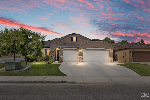 9318 Poseidon St, Bakersfield, CA 93306 - view of front of home featuring stone siding, stucco siding, a lawn, and concrete driveway