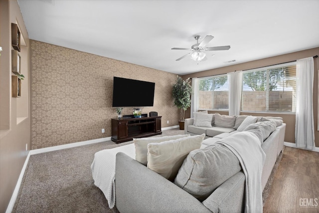 9318 Poseidon St, Bakersfield, CA 93306 - living area with ceiling fan and wallpapered walls