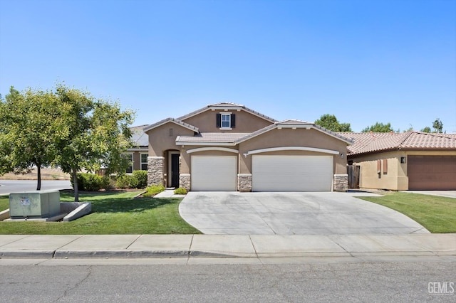 9318 Poseidon St, Bakersfield, CA 93306 - view of front facade featuring stone siding, stucco siding, a front yard, and a garage