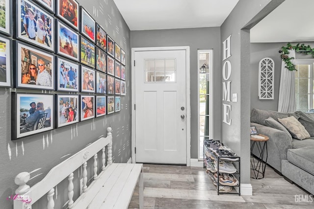 entryway with plenty of natural light, baseboards, and wood finished floors